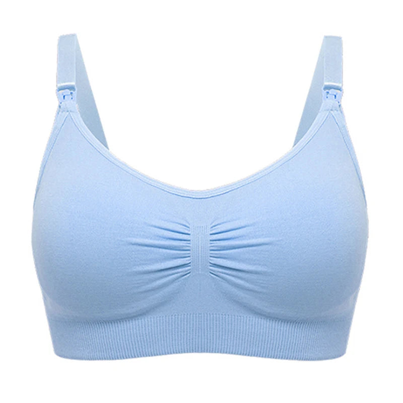 Soutien-gorge de sport Soutien Allaitement Haute Qualité sans couture bleu clair sur fond blanc de la marque BABY PREMA.