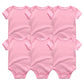 Six combinaisons roses pour bébé, faisant partie du Lot de 6 Pièces Body Coton Bébé de BABY PREMA, sont disposées en deux rangées de trois.