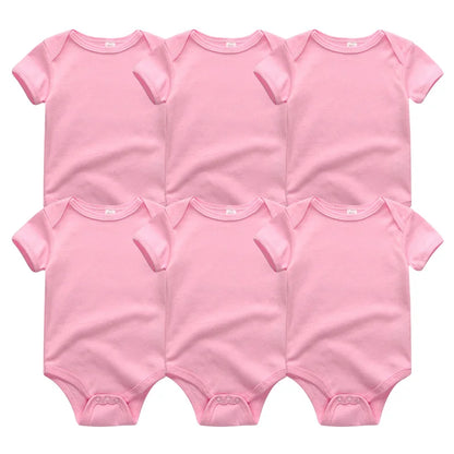 Six combinaisons roses pour bébé, faisant partie du Lot de 6 Pièces Body Coton Bébé de BABY PREMA, sont disposées en deux rangées de trois.