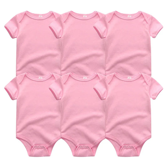 Six combinaisons roses pour bébé, faisant partie du Lot de 6 Pièces Body Coton Bébé de BABY PREMA, sont disposées en deux rangées de trois.