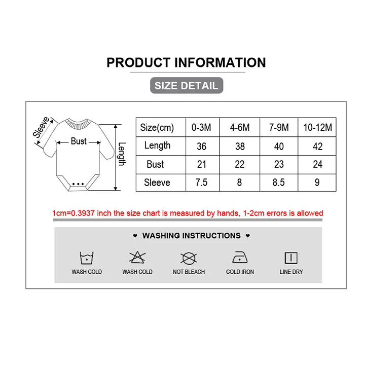 Un tableau d'informations sur le produit affichant les détails des tailles et les instructions de lavage des vêtements pour bébé, y compris les mesures du buste, de la longueur et des manches pour les tailles 0-3M, 4-6M, 7-9M et 10-12M en centimètres. Parfait pour le Lot 5 Bodys Coton | Imprimés Manches Courtes par BABY PREMA ou tout autre vêtement indispensable pour bébé.