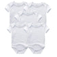 Five blanc uni Lot 5 Bodys Coton | Les Imprimés Manches Courtes de BABY PREMA sont disposés en demi-cercle sur un fond blanc.