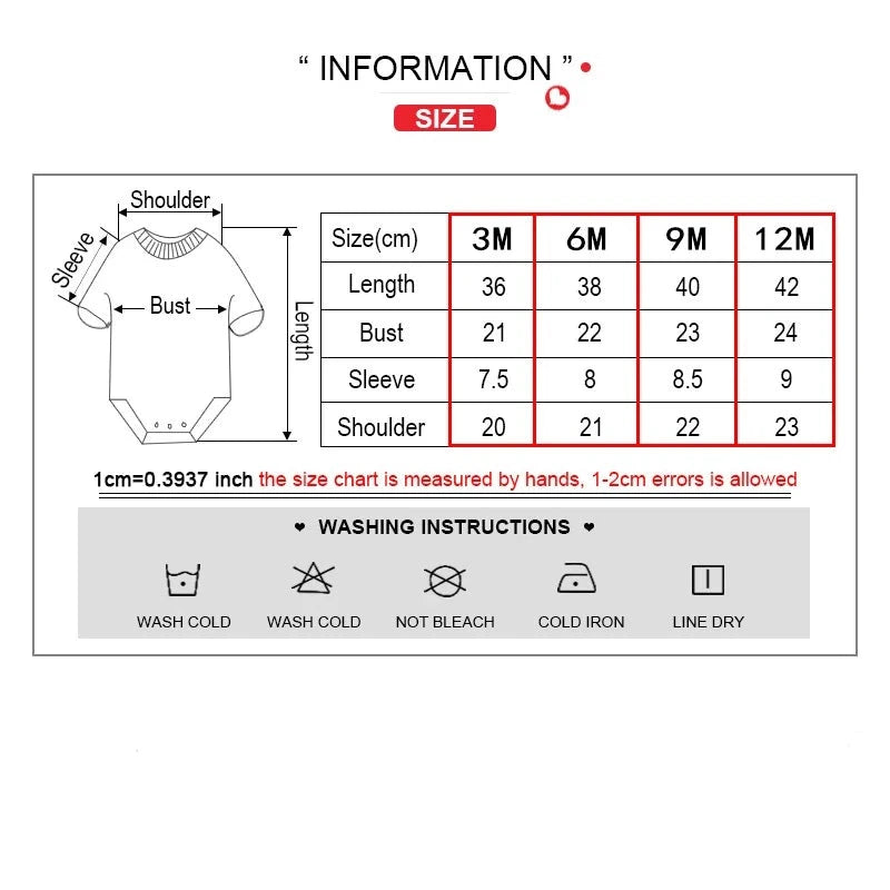 Tableau des tailles pour les vêtements pour bébé dans les tailles 3M à 12M, comprenant les mesures de longueur, de buste et de manches. Instructions de lavage pour notre Lot de 6 Pièces Body | Coton Pour Bébé : laver à froid, ne pas blanchir, repasser à froid, sécher à l'air libre. Marque : BÉBÉ PREMA.