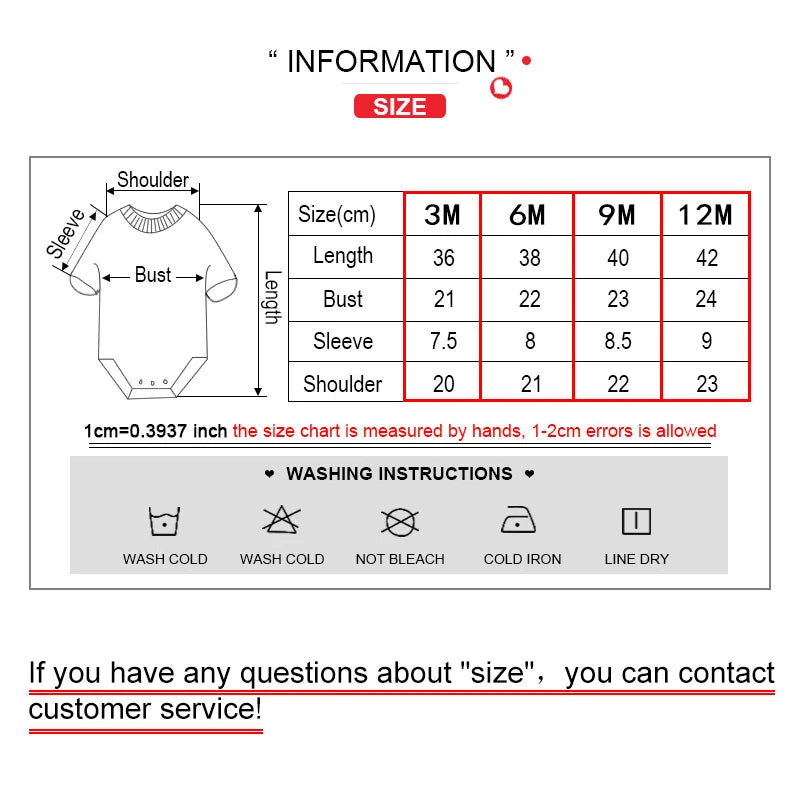 Tableau des tailles et instructions de lavage de notre Lot de 6 Pièces Body Coton Bébé de BABY PREMA, avec des mesures en centimètres pour les âges 3M, 6M, 9M et 12M. Contactez le service client pour toute question de dimensionnement.