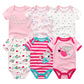 Six Lot de 6 Pièces Body Coton Bébé avec différents motifs et couleurs, dont rose, blanc et rayé, avec des imprimés animaliers et floraux de BABY PREMA. Ces body manches courtes sont des vêtements bébé parfaits pour le confort quotidien de votre tout-petit.