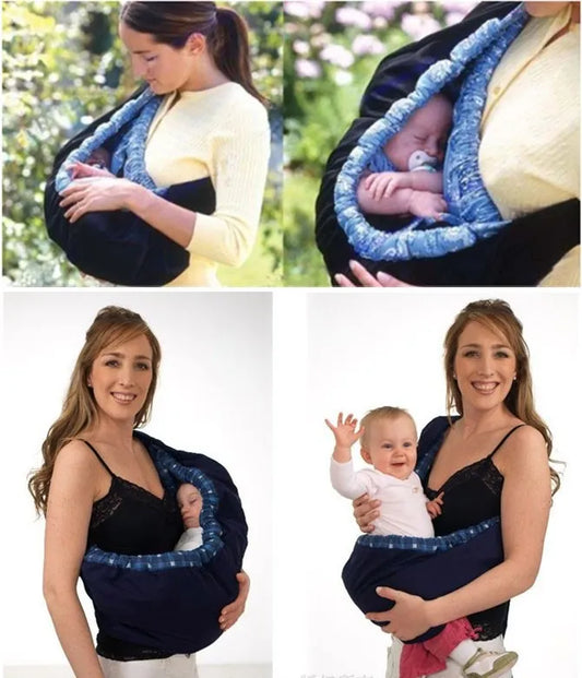 Un montage de deux femmes démontrant l'utilisation d'un porte-bébé PREMA Echarpe de Portage Bébé 0-12M, mettant en vedette un bébé confortablement niché à l'intérieur pour une proximité et une parentalité mains libres.