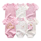 Six Lot Body Bébé 6 Pièces en Coton de BABY PREMA à manches longues sont disposés en deux rangées. Les motifs incluent différentes nuances de rose, avec des étoiles, des cœurs, des lapins et le texte « So Sweet » en lettres dorées. Chaque Lot Body Bébé 6 Pièces en Coton possède également un col rond pour plus de confort.