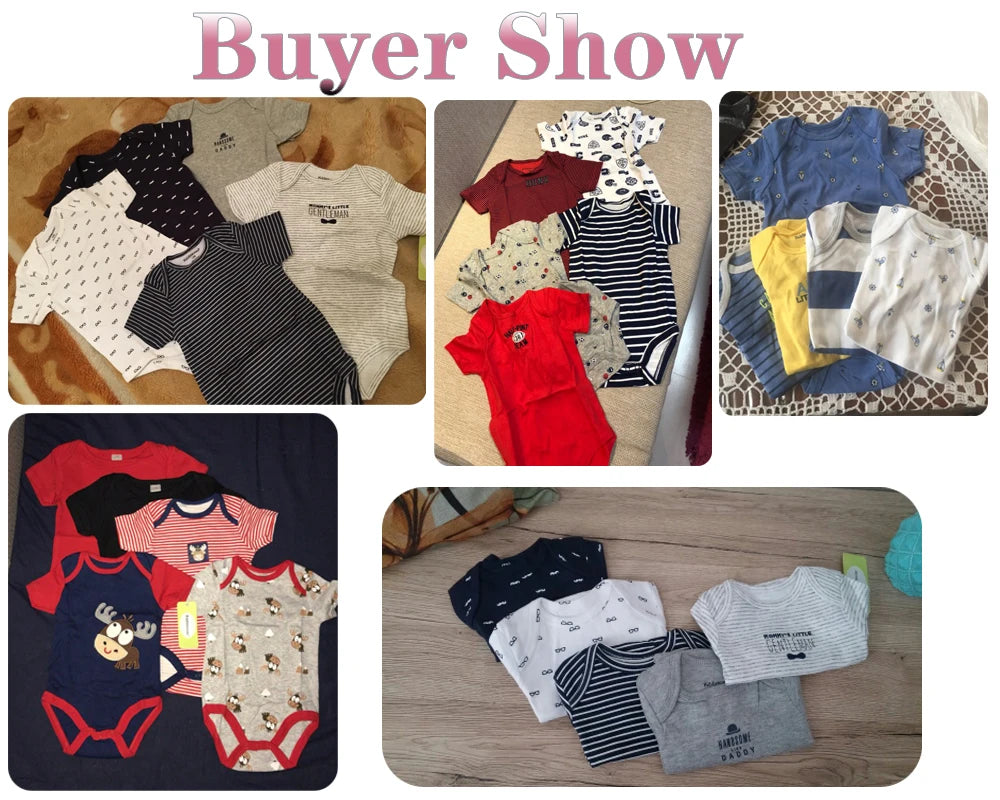 Un collage intitulé "Buyer Show" présentant différents ensembles de Pack de 5 Bodies Bébé Coton Doux de différentes couleurs et motifs de BABY PREMA, comprenant des bodys en coton doux en coton doux, disposés sur différentes surfaces. Cadeau de naissance parfait pour toute occasion !