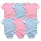 Lot de 6 Pièces Body Coton Bébé de BABY PREMA, trois roses et trois bleues, disposées sur deux rangées. Chaque combinaison, faite de coton doux, a des manches courtes et des fermetures à boutons-pression au bas. Idéals comme vêtements pour bébé, ces bodys en coton assurent le confort de votre tout-petit.