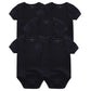 Cinq grenouillères bébé noires à manches courtes du "Pack de 5 Bodies | Coton Doux Bébé" de BABY PREMA, parfaites pour une garde-robe de bébé, sont disposées en quinconce sur un fond uni.