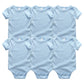 Six combinaisons pour bébé bleu clair disposées selon un motif en grille. Ces Lot de 6 Pièces Body Coton Bébé de BABY PREMA ont chacun des manches courtes et des fermetures à pression en bas, parfaits pour le quotidien de votre tout-petit.