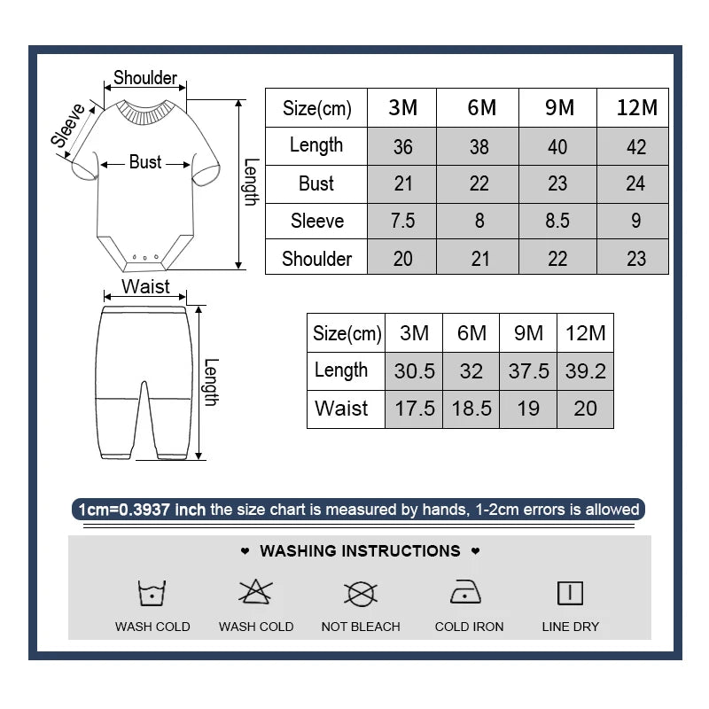 Un tableau des tailles montre les mesures des vêtements pour bébé dans les tailles 3M, 6M, 9M et 12M dans notre Kit Ensemble Body Pantalons Bébé de BABY PREMA. Il comprend les mesures d'une combinaison (buste, manche, épaule, longueur) et d'un pantalon (longueur, taille). Fabriqué en coton doux et respirant. Instructions de lavage : laver à l'eau froide, ne pas blanchir, repasser à froid, sécher à l'air libre.