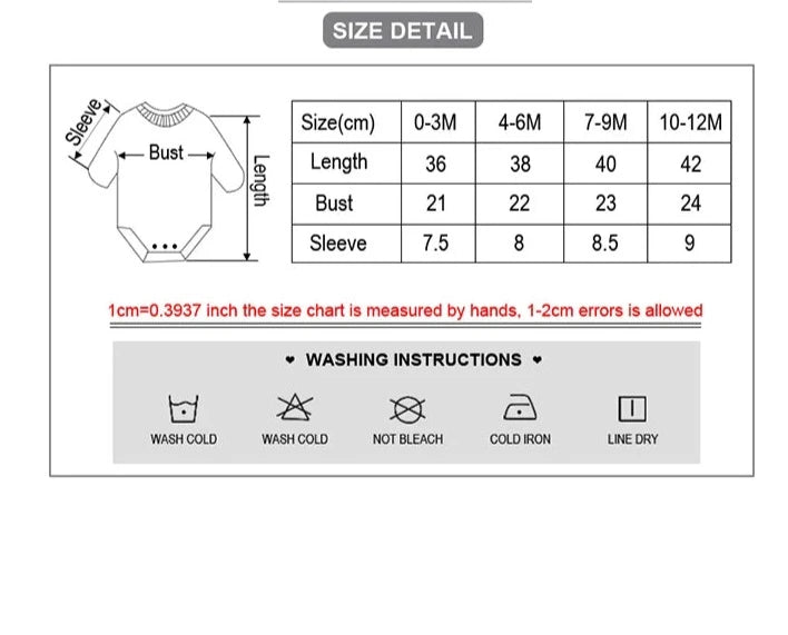 Tableau des tailles et instructions de lavage pour un pull bébé. Les tailles vont de 0 à 12 mois avec des mesures de longueur, de buste et de manches. Instructions : laver à l'eau froide, ne pas blanchir, repasser à froid, sécher à l'air libre. S'agence parfaitement avec notre BABY PREMA Lot 6 Body Coton Bébé Manches Courtes pour un look complet.
