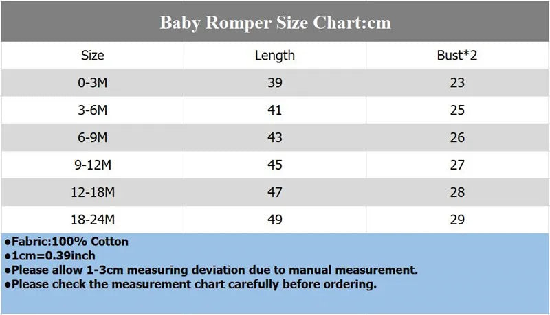 Un "Body Coton Noel 2024 Bébé" de BABY-PREMA en centimètres, parfait pour les occasions festives. Les tailles vont de 0-3M à 18-24M, avec des mesures de longueur et de buste correspondantes. Fabriqué en 100 % coton, 1 cm équivaut à 0,39 pouce, avec un écart possible de 1 à 3 cm en raison de la mesure manuelle.