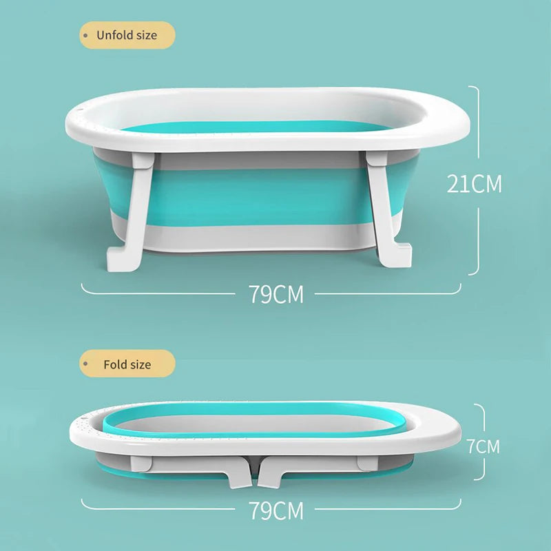 Design de la Baignoire Pliable en Silicone pour Bébé BABY PREMA mettant en avant les dimensions dans les états dépliés et repliés pour un rangement facile.