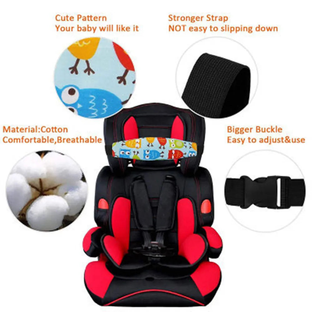 Un collage promotionnel présentant un siège auto pour enfant BABY PREMA avec les éléments essentiels pour bébé, notamment un joli motif d'oiseau, une sangle solide, un tissu en coton confortable et une grande boucle facile à régler.
