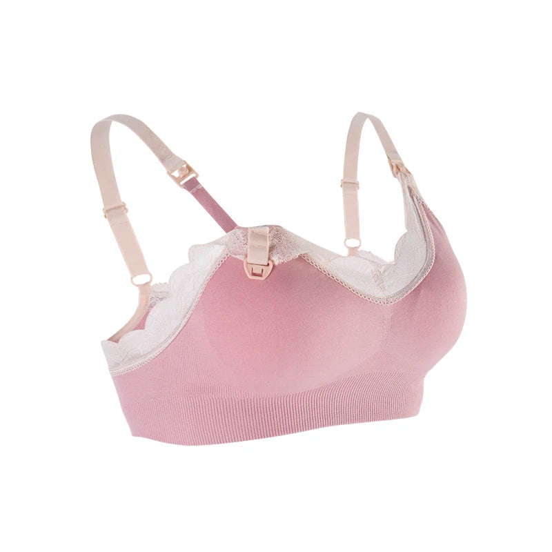 Un soutien-gorge rose BABY PREMA Soutien Allaitement & Maternité avec détails en dentelle et bretelles réglables, isolé sur fond blanc.