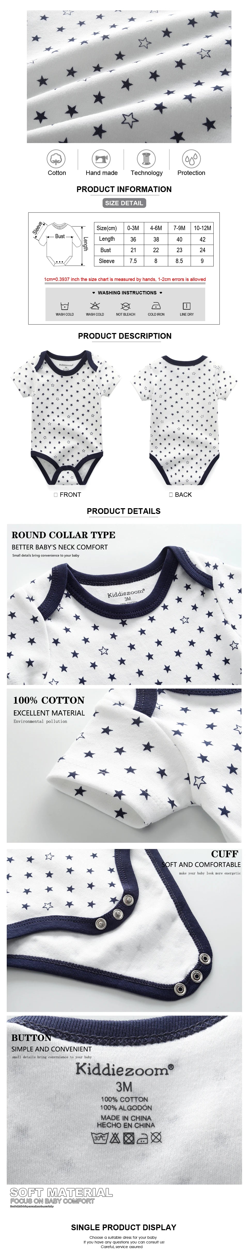 Image affichant des informations détaillées et des photos d'un Pack de 5 Corps | Coton Doux Bébé à motifs étoiles. Fabriqué à 100% en coton, ce body en coton présente un col rond et est conçu pour le confort. Parfait comme cadeau pour les nouveaux parents, la taille indiquée est pour 3 mois. Marque : BÉBÉ PREMA.