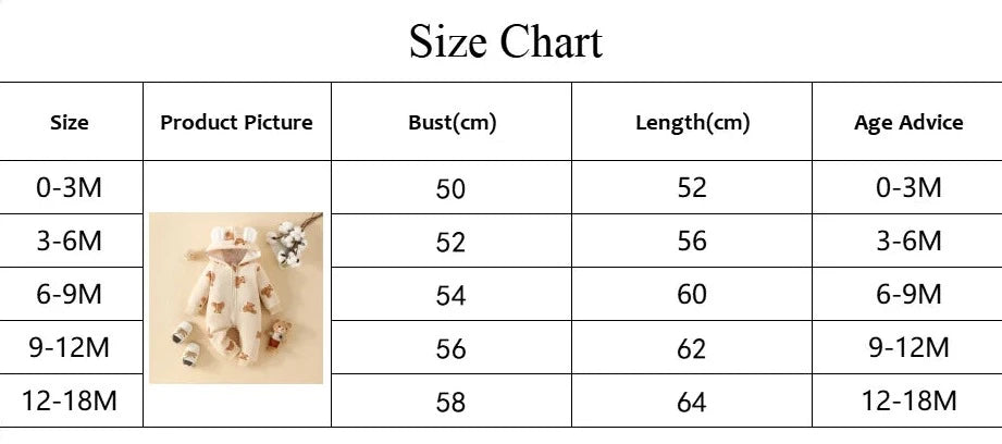 Tableau des tailles pour vêtements pour enfants avec mesures en centimètres. Comprend les tailles 0-3M, 3-6M, 6-9M, 9-12M et 12-18M. Affiche des photos de produits comme Barboteuse Combinaison à Capuche de BABY PREMA, des mesures de buste, des mesures de longueur et des conseils sur l'âge. Des notes sur les écarts de mesure manuelle et les différences de couleur sont également incluses.