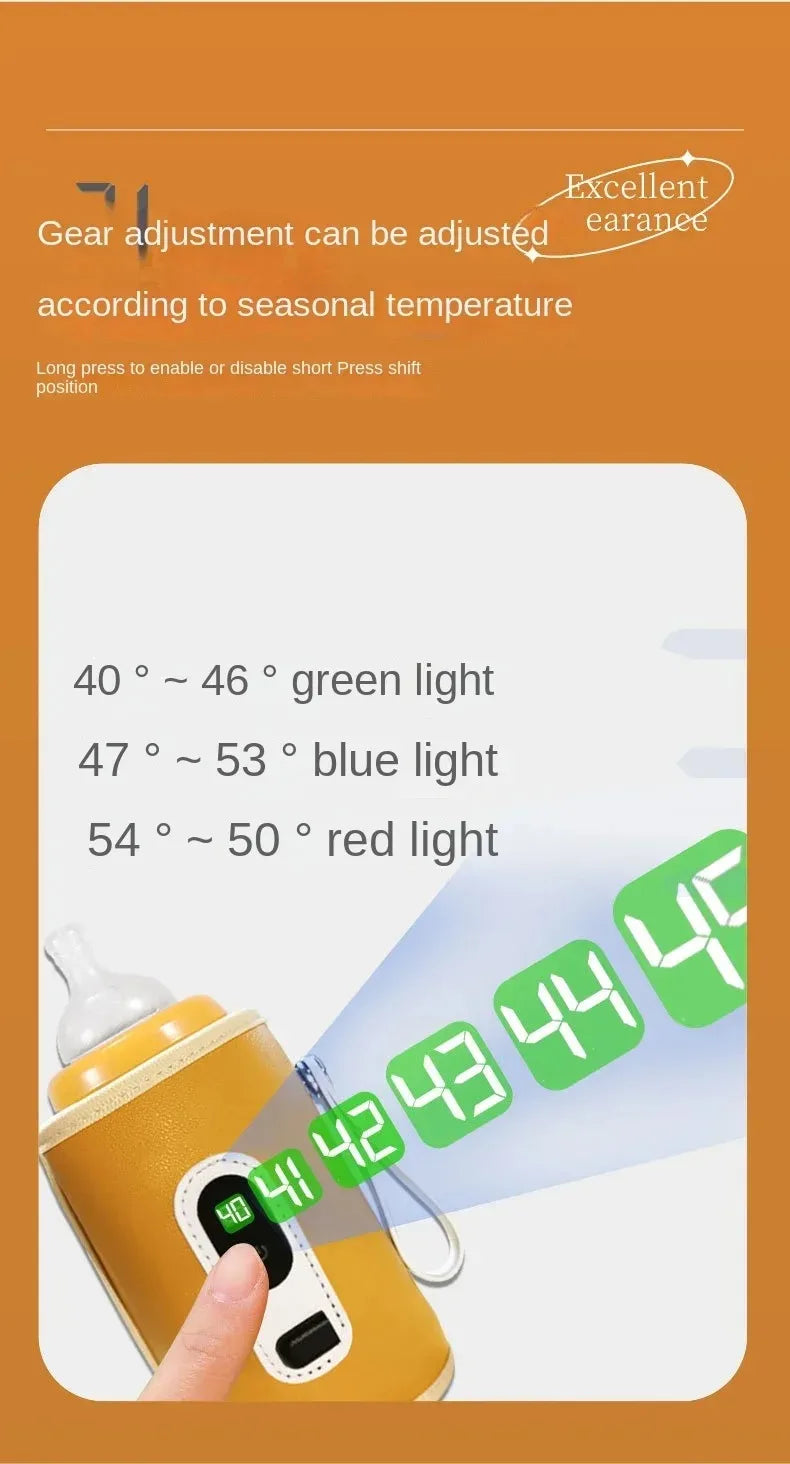 Un affichage numérique sur cet indispensable Chauffe-Biberon jaune Portable & Résistant de BABY-PREMA indique les plages de température. Il utilise une lumière verte pour 40~46°C, bleue pour 47~53°C et rouge pour 54~60°C. Un doigt ajuste l'affichage de l'appareil portable, avec le texte « Le réglage de la vitesse peut être ajusté en fonction de la température saisonnière.