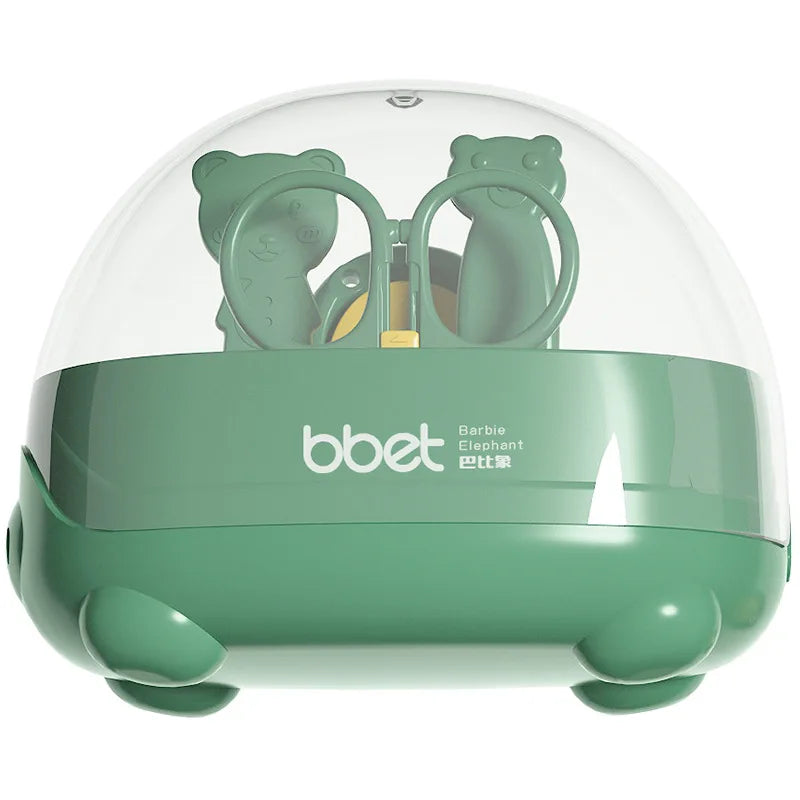 Un kit de manucure de soins pour bébé BABY-PREMA fantaisiste vert et blanc conçu pour ressembler à un éléphant, avec des oreilles rondes proéminentes et une trompe ludique.
