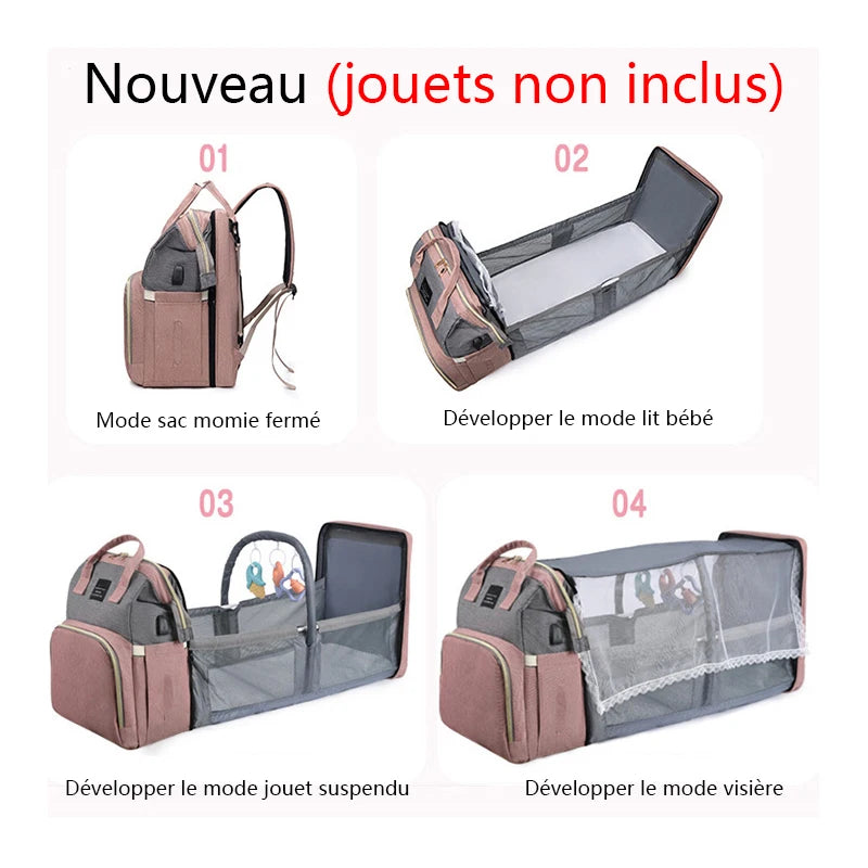 Sac à couches multifonctionnel pour bébé avec différentes configurations : sac fermé, berceau ouvert, mode jouet suspendu et mode visière (jouets non inclus). Un accessoire BABY PREMA parfait pour