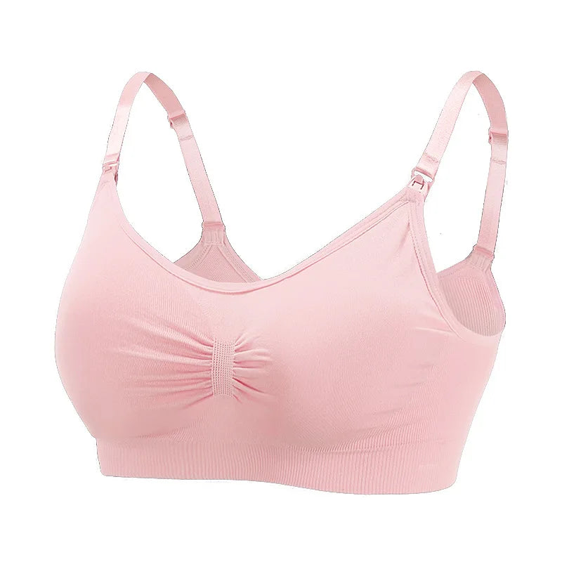 Un soutien-gorge Soutien de Maternité & Allaitement sans fil rose clair de BABY PREMA avec des bretelles réglables en forme de plumes et un détail froncé au centre sur le devant.