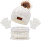 Un ensemble d'accessoires d'hiver légers comprenant un BABY PREMA Ensemble 3Pièces Bonnet Gants pour Bébé avec un pompon, un cache-cou assorti et une paire de gants blancs.
