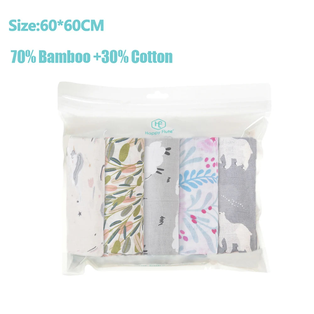 Un pack de Langes Lot de 5 pièces Mousseline Coton & Bambou, conçu pour bébé, avec une composition de 70% bambou et 30% coton mesurant chacun 60 par 60 centimètres, emballé par BABY PREMA.