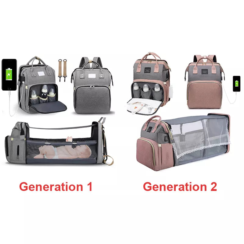 Comparaison des sacs à dos multifonctionnels Sac à Langer Bébé Bleu 3 en 1 et génération 2 de BABY PREMA avec ports de chargement intégrés, plusieurs compartiments et un design transparent innovant, parfait pour mon bébé.