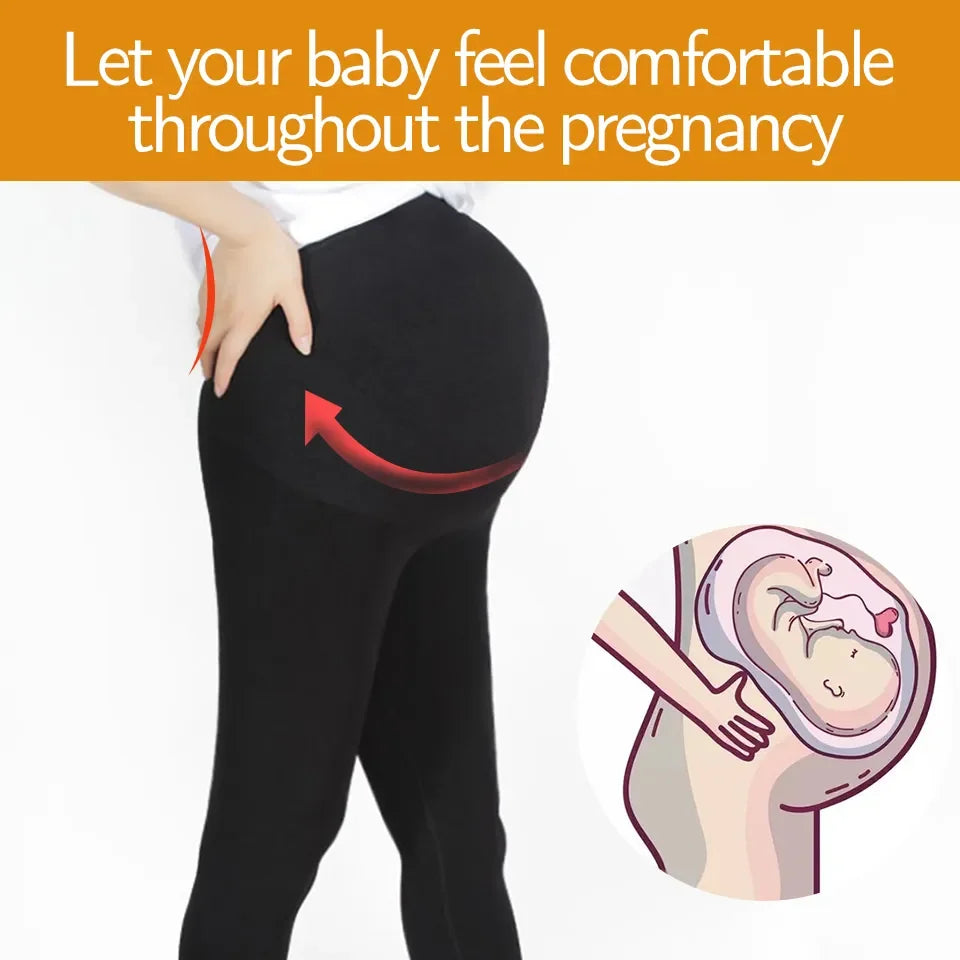 Une image promotionnelle pour les vêtements de maternité BABY PREMA présentant le profil latéral d'une personne enceinte, avec un slogan réconfortant et une illustration en médaillon montrant le Legging de Grossesse Taille Haute in utero.