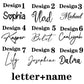Une collection de neuf modèles de polices de script personnalisés présentant différents noms de bébé à titre d'exemples, parfaits pour personnaliser l'Attache Sucette Bébé Personnalisé de BABY-PREMA.