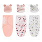 Une collection de couvertures d'emmaillotage Baby Prema et de chapeaux assortis avec de jolis détails d'oreilles d'animaux dans une variété de motifs roses et gris, parfaits pour assurer l'hygiène de votre bébé.