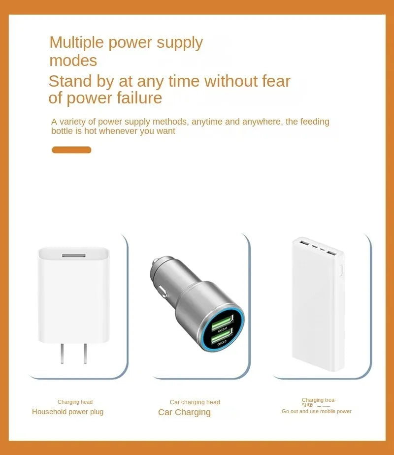 Une infographie présente trois options d'alimentation électrique pour charger vos appareils essentiels : une prise électrique domestique, un adaptateur de charge pour voiture avec deux ports USB et une banque d'alimentation portable avec plusieurs ports USB. Le titre indique « Plusieurs modes d'alimentation », soulignant la fiabilité du BABY-PREMA Chauffe-Biberon Portable & Résistant lors des coupures de courant.