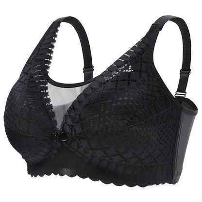 Élégante bralette en dentelle noire avec bords festonnés, détails transparents et construction poids léger par BABY PREMA - Soutien Allaitement Ultra fin froncé | Anti-affaissement.