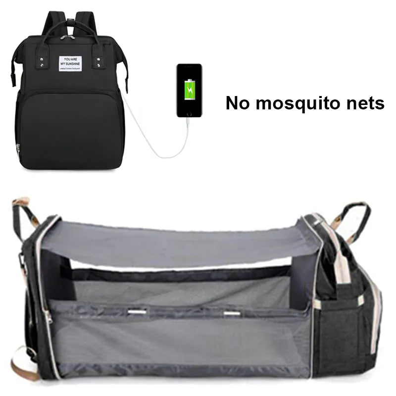 Un sac à dos polyvalent Sac à Langer Bébé 3 en 1 Avec USB avec un intérieur spacieux et organisé spécialement conçu pour la maternité ; ne dispose pas de la fonction moustiquaire de BABY PREMA.
