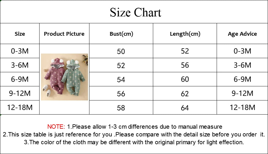 Un tableau des tailles pour les vêtements de bébé, y compris la Combinaison à Capuche Pour Bébé de BABY PREMA. Les colonnes présentent la taille, l'image du produit, le buste (cm), la longueur (cm) et des conseils sur l'âge. Les rangées détaillent les tailles de 0 à 18 mois avec les mesures correspondantes. La note indique les différences de mesure manuelle, la taille de référence et les différences de couleur potentielles.