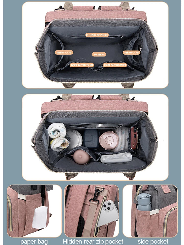 Cette image montre un sac organisateur multifonctionnel BABY PREMA Sac à Langer Bébé Bleu 3 en 1 vu sous différents angles pour montrer ses différents compartiments et fonctionnalités. La vue de dessus présente des poches étiquetées pour une tablette, un téléphone, un espace principal, un général