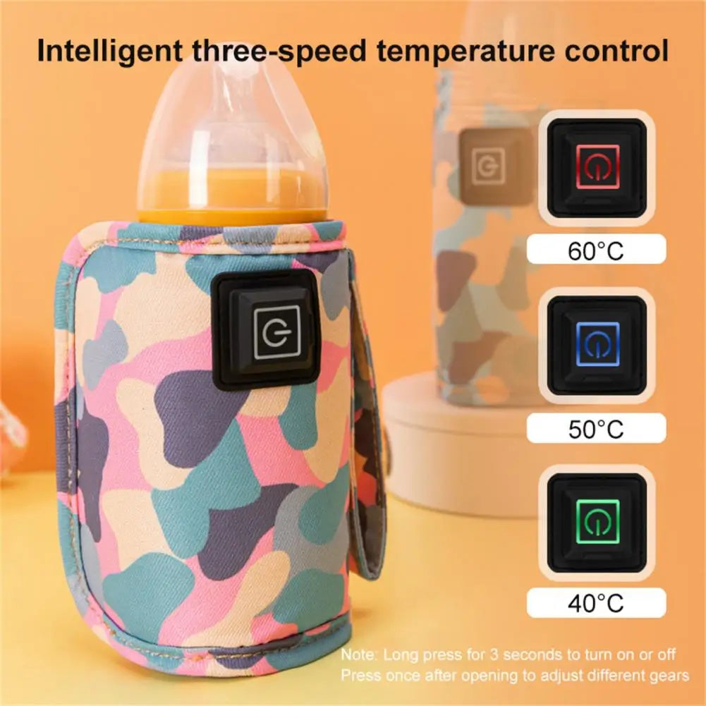 Un Chauffe-Biberon Portable Intelligence Résistant à motif camouflage coloré de BABY-PREMA avec un système intelligent de contrôle de la température à trois vitesses. Une bouteille orange est placée à l’intérieur. Les boutons de commande affichent trois réglages de température : 60 °C (rouge), 50 °C (bleu) et 40 °C (vert). Parfait pour parents occupés.
