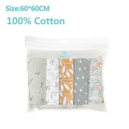 Lot de quatre langes BABY PREMA en mousseline 100% coton pour bébé, aux motifs assortis, taille 60x60cm, présentés dans un emballage transparent.