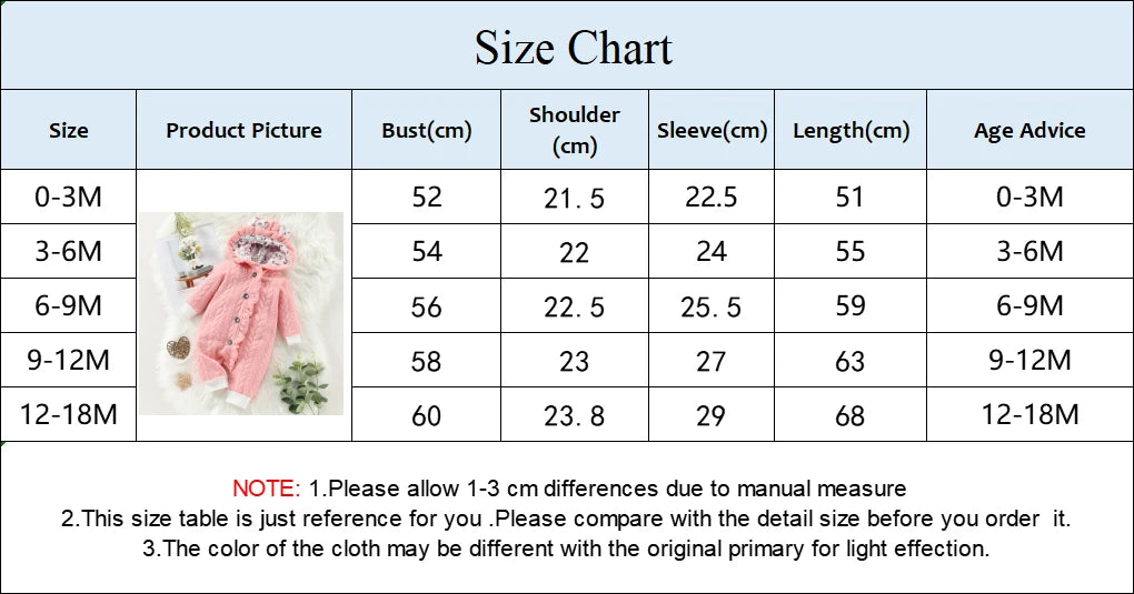 Un tableau des tailles pour les vêtements pour enfants est fourni, avec des tailles allant de 0 à 3 mois à 12 à 18 mois et les mesures correspondantes du buste, des épaules, des manches et de la longueur en centimètres. Une tenue rose est affichée à côté de notes sur les différences de mesure potentielles et les variations de couleur. Idéal pour sélectionner BABY PREMA Combinaison à Capuche Pour Bébé.