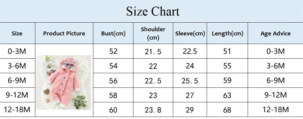 Tableau des tailles pour vêtements pour enfants avec mesures en centimètres (cm) pour différentes tranches d'âge : 0-3 mois, 3-6 mois, 6-9 mois, 9-12 mois et 12-18 mois. Comprend des détails sur le buste, les épaules, les manches et la longueur. Image d'une tenue rose **Barboteuse Combinaison à Capuche** de **BABY PREMA** sur la gauche.