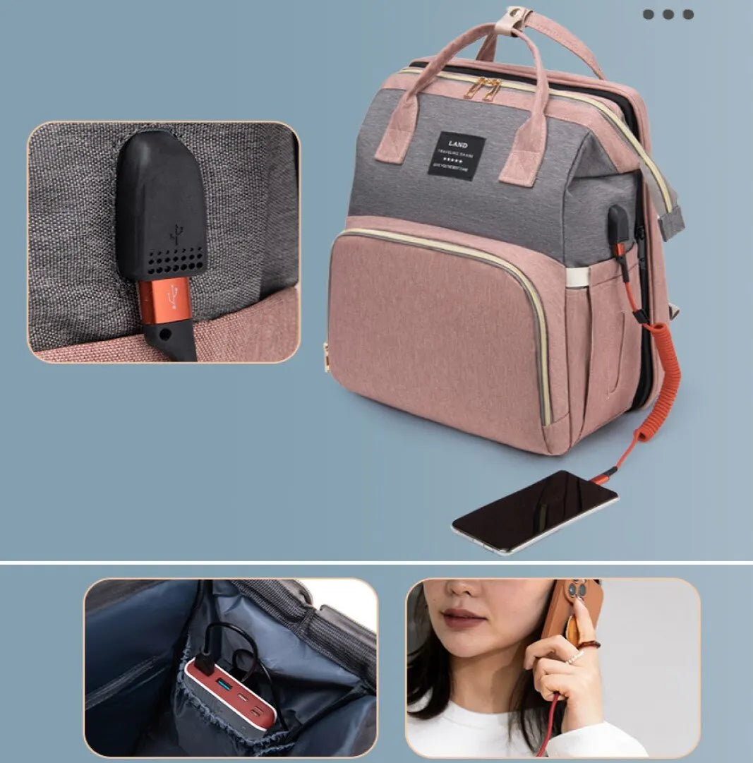 Sac à langer polyvalent avec système de haut-parleurs pour babyphone portable intégré, doté d'un port de chargement USB et de poches personnalisables pour les parents en déplacement. Ce sac BABY-PREMA Sac à Langer Connecté 3 en 1 est léger comme un panache, assurant