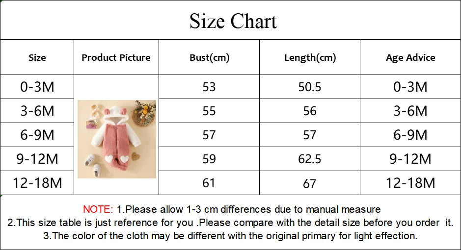 Un tableau des tailles pour les vêtements de bébé, organisé par taille (0-3M, 3-6M, 6-9M, 9-12M, 12-18M). Les colonnes indiquent le buste (cm), la longueur (cm) et l'âge. Comprend une photo représentant une Combinaison à Capuche Pour Bébé de BABY PREMA. La note indique une éventuelle différence de 1 à 3 cm et une variation de couleur.