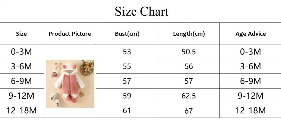 Tableau des tailles pour les vêtements de bébé, y compris des articles comme la Barboteuse Combinaison à Capuche de BABY PREMA et la salopette hiver, montrant quatre tailles (0-3M, 3-6M, 6-9M, 9-12M) avec des conseils de buste, de longueur et d'âge correspondants. Comprend un exemple d’image du produit et une note sur les différences de mesure manuelle et la variation potentielle de couleur.