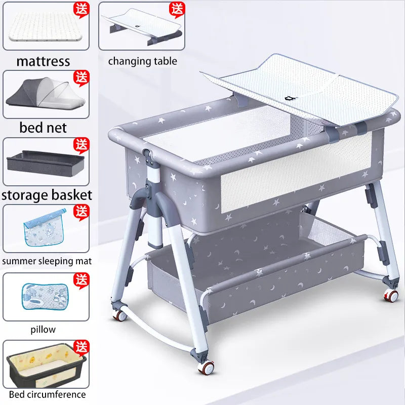 Lit Bébé Multifonction Pliant de BABY PREMA, avec divers accessoires tels qu'un matelas, une moustiquaire, un panier de rangement, un matelas d'été, un oreiller et une table à langer, tous conçus pour le confort et la commodité du prématuré.