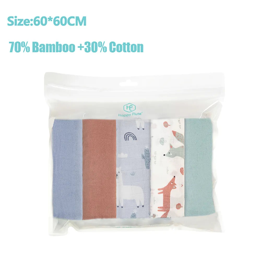 Lot de serviettes bébé douces BABY PREMA en mélange de coton et de bambou à imprimé animalier, mesurant 60x60 cm, présentées dans un emballage transparent. Idéal pour enfant.