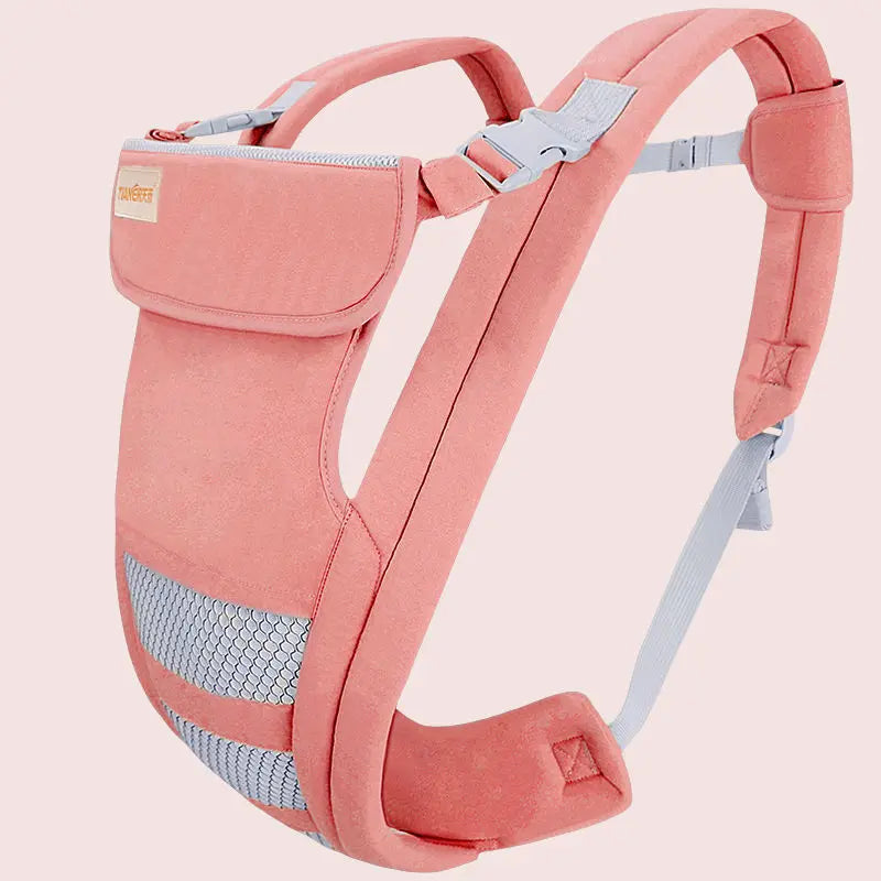 Un porte-bébé BABY PREMA rose corail moderne avec un poids léger, des bretelles réglables et des détails en maille respirante.