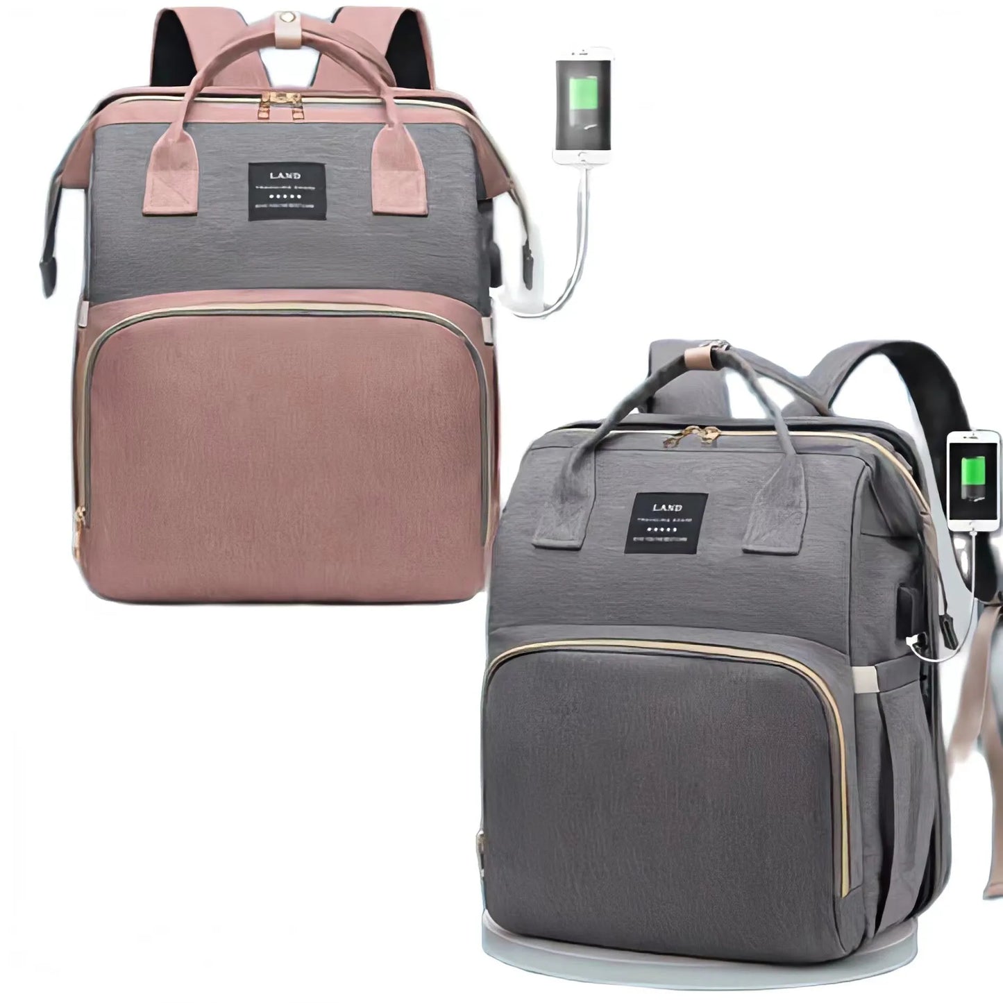 Modern Sac à Langer Connecté 3 en 1 | Pour Maman & Bébé au design élégant doté d'un port de chargement USB intégré, présenté en deux couleurs : rose et gris, parfait pour votre enfant.