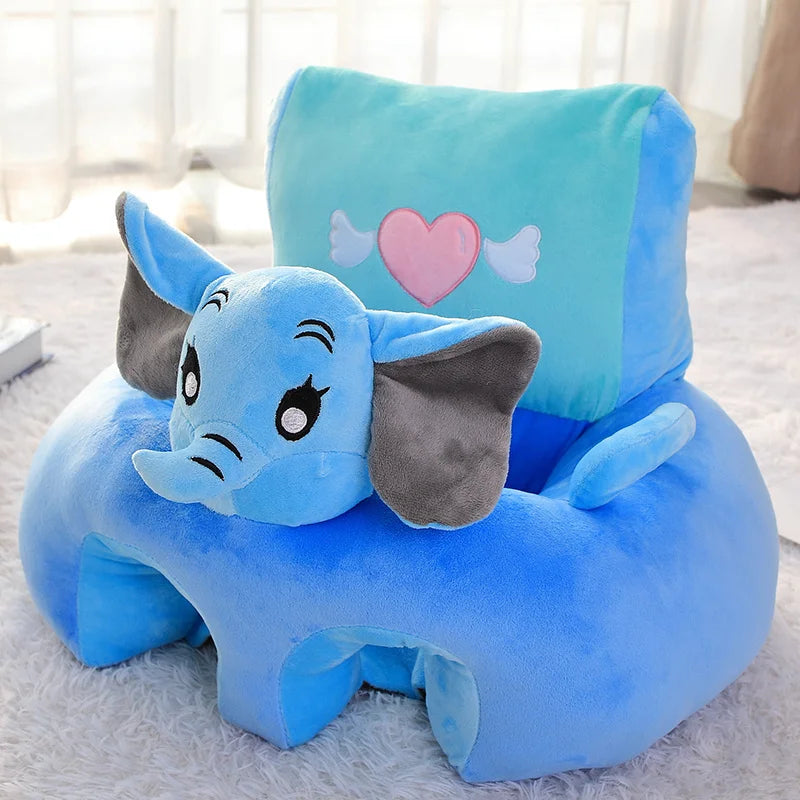 Un confortable BABY PREMA Siège Apprentissage Position Assise Bébé doté d'un joli motif d'éléphant bleu avec un dossier de soutien orné d'un cœur.